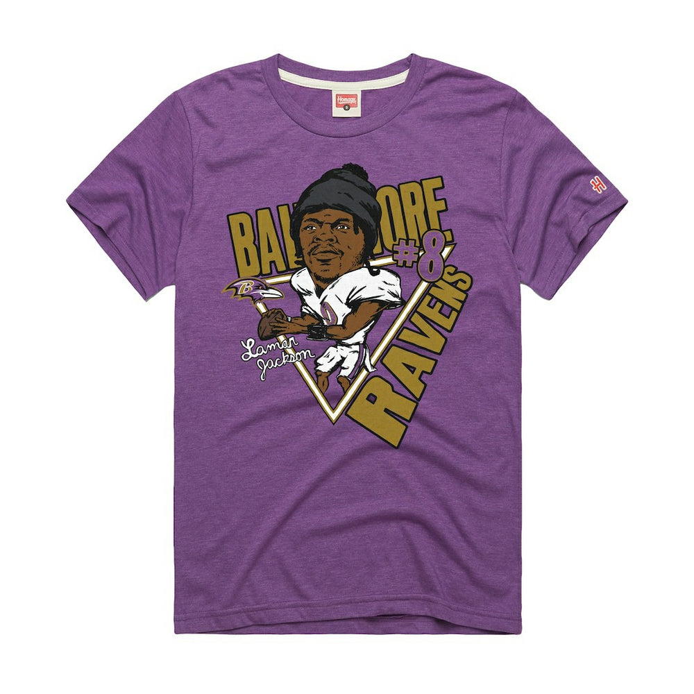 Lamar Jackson Baltimore Ravens Homage Unisex Caricature Player Graphic Tri-Blend T-Shirt Purple