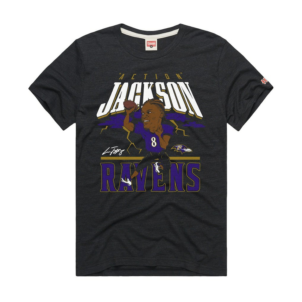 Lamar Jackson Baltimore Ravens Homage Unisex Caricature Player Graphic Tri-Blend T-Shirt Charcoal