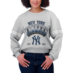 New York Yankees WEAR by Erin Andrews Women's Sleeve Stripe Fleece Crewneck Sweatshirt - Gray Sweatshirts