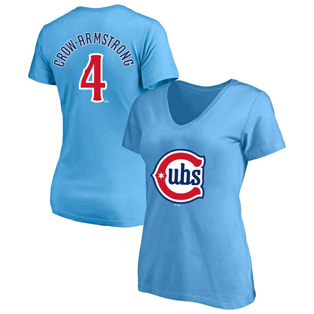 Pete Crow-Armstrong Chicago Cubs Profile Women's Plus Size Name & Number V-Neck T-Shirt - Light Blue T-shirts