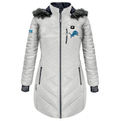 Detroit Lions ActionHeat Women's 5V Battery Heated Long Puffer Full-Zip Hoodie Jacket White