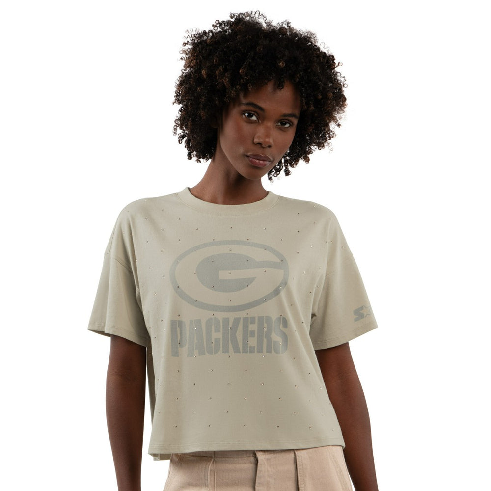 Green Bay Packers Starter Women's Rhinestone Sprinkle Boxy Cropped T-Shirt Khaki