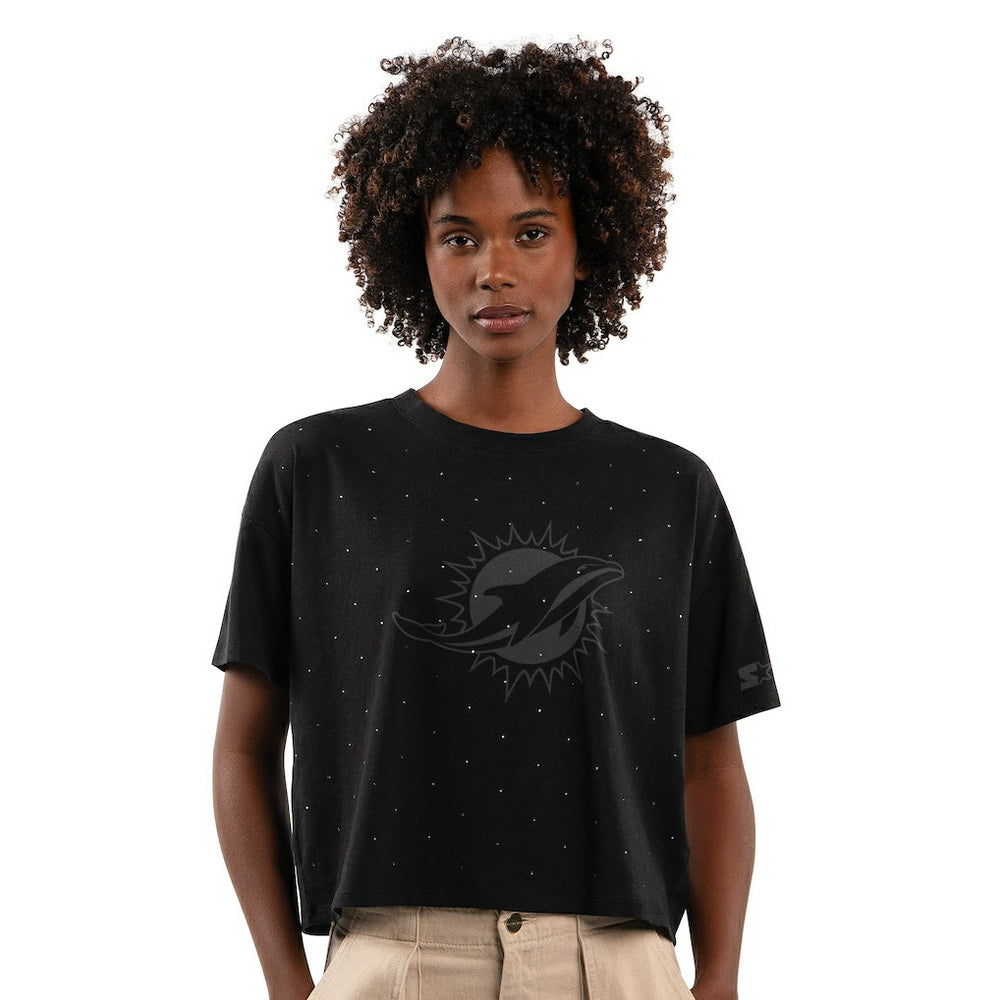 Miami Dolphins Starter Women's Rhinestone Sprinkle Boxy Cropped T-Shirt Black