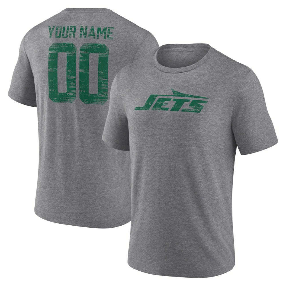 New York Jets Heritage Custom Name & Number Tri-Blend T-Shirt Gray