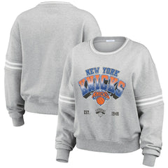 New York Knicks WEAR by Erin Andrews Women's Sleeve Stripe Fleece Crewneck Sweatshirt Gray