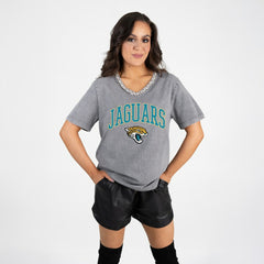 Jacksonville Jaguars Gameday Couture Women's Relaxed Iconic Edge Rhinestone V-Neck T-Shirt Gray