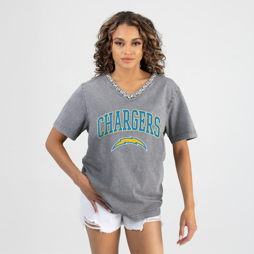 Los Angeles Chargers Gameday Couture Women's Relaxed Iconic Edge Rhinestone V-Neck T-Shirt Gray