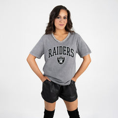 Las Vegas Raiders Gameday Couture Women's Relaxed Iconic Edge Rhinestone V-Neck T-Shirt Gray