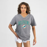 Miami Dolphins Gameday Couture Women's Relaxed Iconic Edge Rhinestone V-Neck T-Shirt Gray