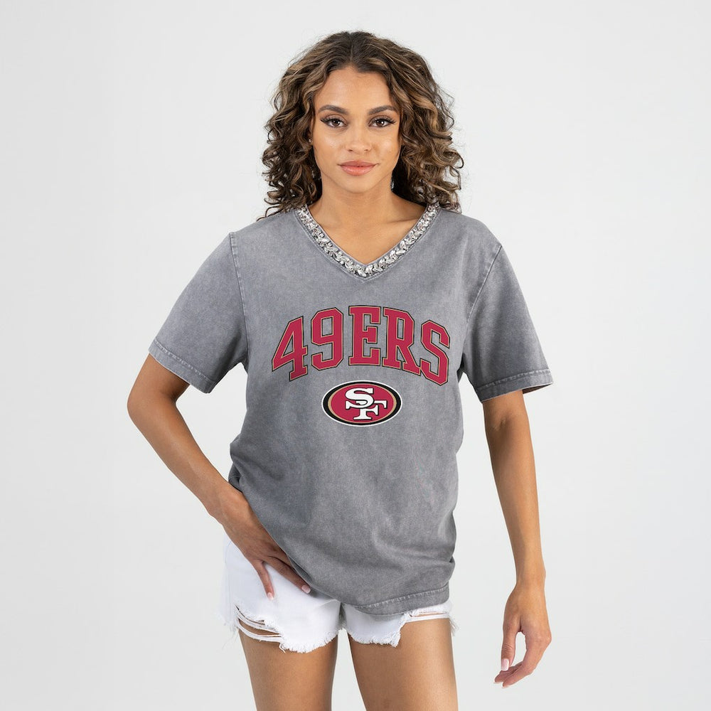 San Francisco 49ers Gameday Couture Women's Relaxed Iconic Edge Rhinestone V-Neck T-Shirt Gray