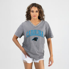 Carolina Panthers Gameday Couture Women's Relaxed Iconic Edge Rhinestone V-Neck T-Shirt Gray