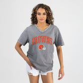 Cleveland Browns Gameday Couture Women's Relaxed Iconic Edge Rhinestone V-Neck T-Shirt Gray