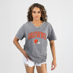 Cleveland Browns Gameday Couture Women's Relaxed Iconic Edge Rhinestone V-Neck T-Shirt Gray