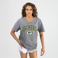 Green Bay Packers Gameday Couture Women's Relaxed Iconic Edge Rhinestone V-Neck T-Shirt Gray