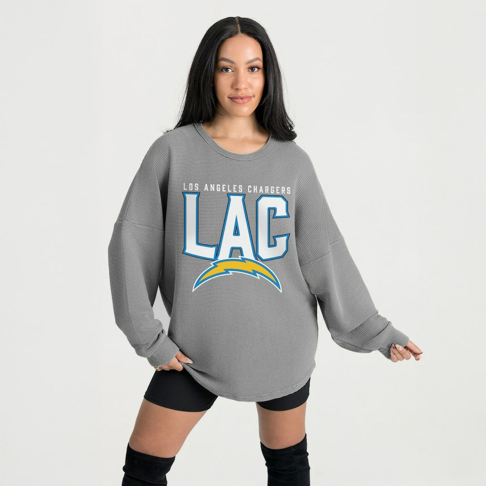 Los Angeles Chargers Gameday Couture Women's Oversized Pure Motion Corded Sweatshirt Gray