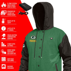 Green Bay Packers ActionHeat 5V Battery Heated Full-Snap Varsity Jacket Green/Black