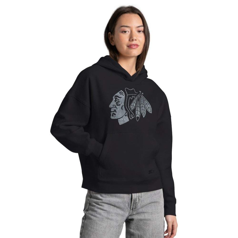 NHL Chicago Blackhawks Starter Women's Rhinestone Relaxed Hoodie - Black