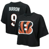 Joe Burrow Cincinnati Bengals Majestic Threads Women's Swarovski Crystals Boxy Cropped Name & Number T-Shirt Black