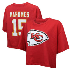 Patrick Mahomes Kansas City Chiefs Majestic Threads Women's Swarovski Crystals Boxy Cropped Name & Number T-Shirt Red