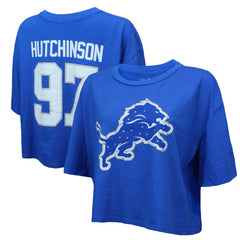 Aidan Hutchinson Detroit Lions Majestic Threads Women's Swarovski Crystals Boxy Cropped Name & Number T-Shirt Blue