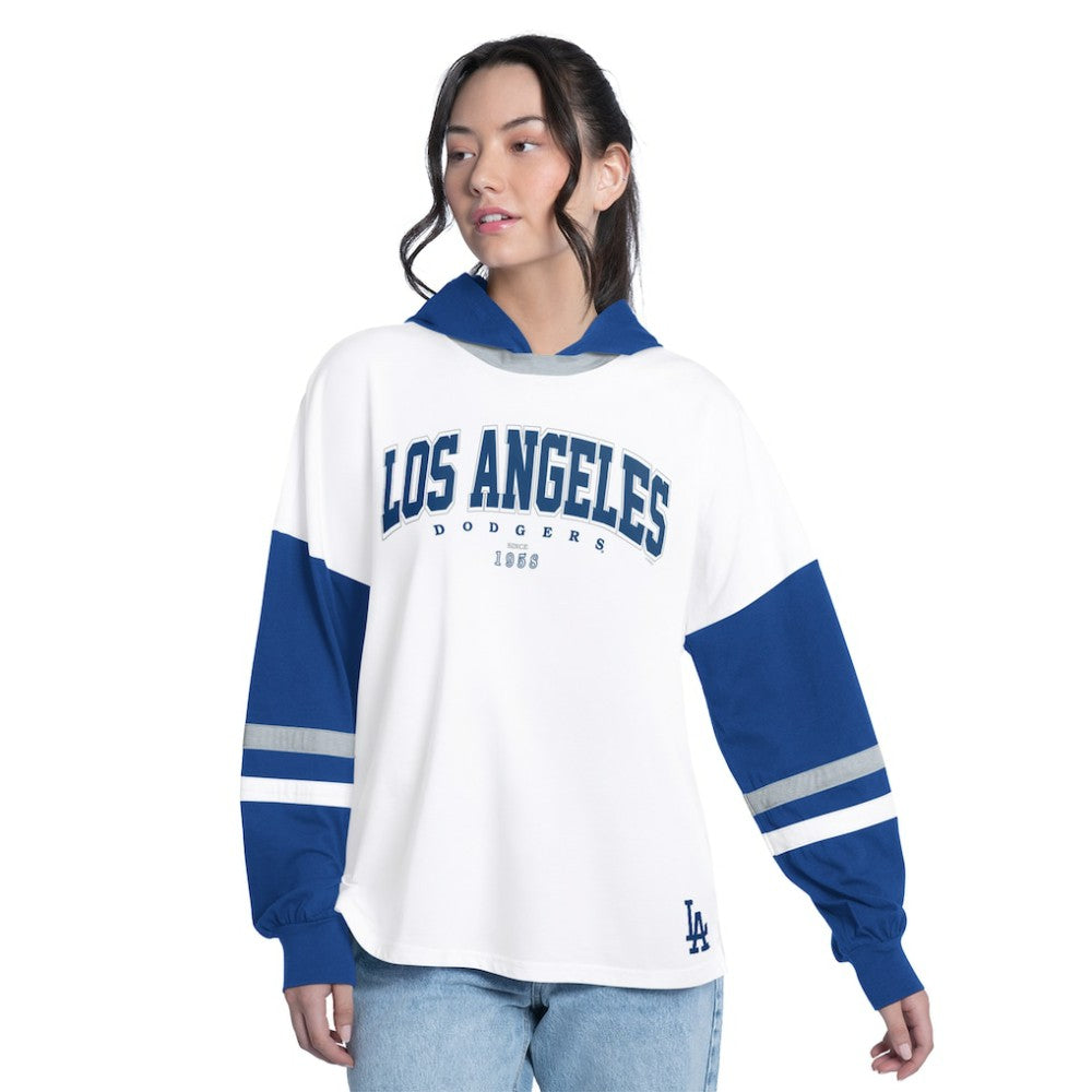 Los Angeles Dodgers G-III 4Her by Carl Banks Women's Key Player Oversized Hooded Long Sleeve T-Shirt - White/Royal T-shirts