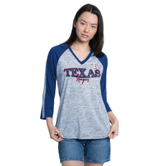 Texas Rangers G-III 4Her by Carl Banks Women's Speed Training 3/4-Sleeve Rhinestone V-Neck T-Shirt - Royal/Heather Royal T-shirts