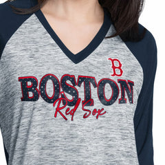 Boston Red Sox G-III 4Her by Carl Banks Women's Speed Training 3/4-Sleeve Rhinestone V-Neck T-Shirt - Navy/Heather Navy T-shirts