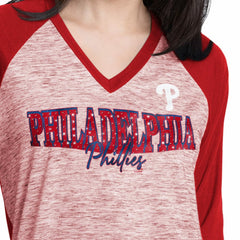 Philadelphia Phillies G-III 4Her by Carl Banks Women's Speed Training 3/4-Sleeve Rhinestone V-Neck T-Shirt - Red/Heather Red T-shirts