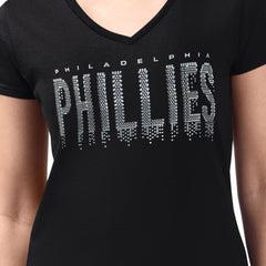 Philadelphia Phillies G-III 4Her by Carl Banks Women's Metallic Drop Lightweight V-Neck T-Shirt - Black T-shirts