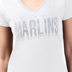 Miami Marlins G-III 4Her by Carl Banks Women's Metallic Drop Lightweight V-Neck T-Shirt - White T-shirts