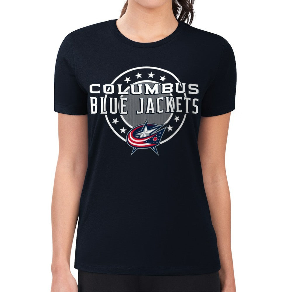 NHL Columbus Blue Jackets G-III 4Her by Carl Banks Women's Super-Slim Lightweight Pinstripe Circle Graphic T-Shirt - Navy