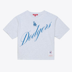 Los Angeles Dodgers Mitchell & Ness Women's Script Cropped Boxy T-Shirt - Heather Gray T-shirts