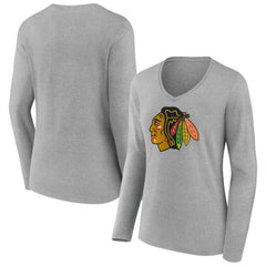 NHL Chicago Blackhawks Women's Primary Logo Long Sleeve V-Neck T-Shirt - Gray