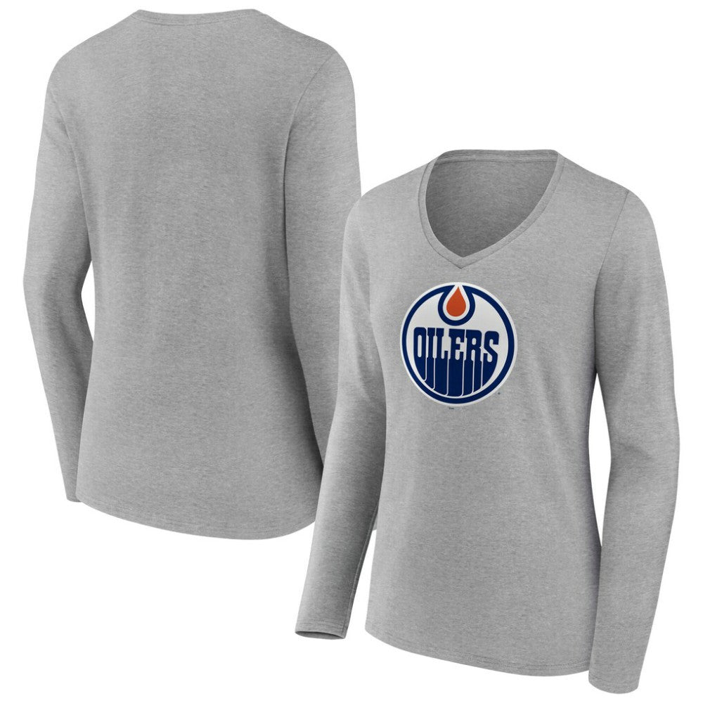 NHL Edmonton Oilers Women's Primary Logo Long Sleeve V-Neck T-Shirt - Gray