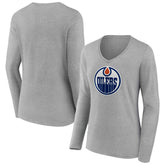 NHL Edmonton Oilers Women's Primary Logo Long Sleeve V-Neck T-Shirt - Gray