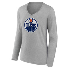 NHL Edmonton Oilers Women's Primary Logo Long Sleeve V-Neck T-Shirt - Gray