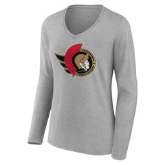NHL Ottawa Senators Women's Primary Logo Long Sleeve V-Neck T-Shirt - Gray