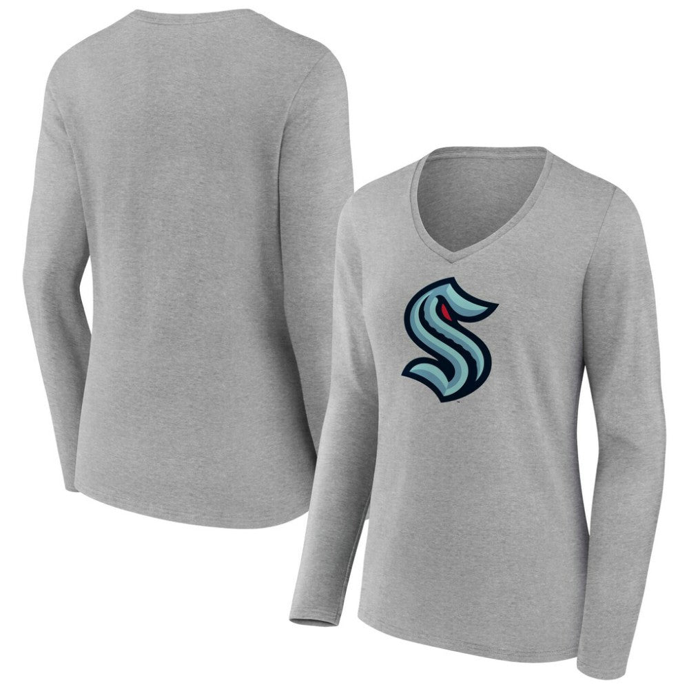 NHL Seattle Kraken Women's Primary Logo Long Sleeve V-Neck T-Shirt - Gray