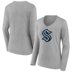 NHL Seattle Kraken Women's Primary Logo Long Sleeve V-Neck T-Shirt - Gray