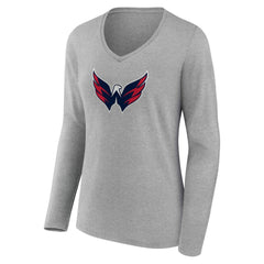 NHL Washington Capitals Women's Primary Logo Long Sleeve V-Neck T-Shirt - Gray