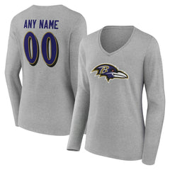 Baltimore Ravens Women's Team Authentic Personalized Name & Number Long Sleeve V-Neck T-Shirt Gray