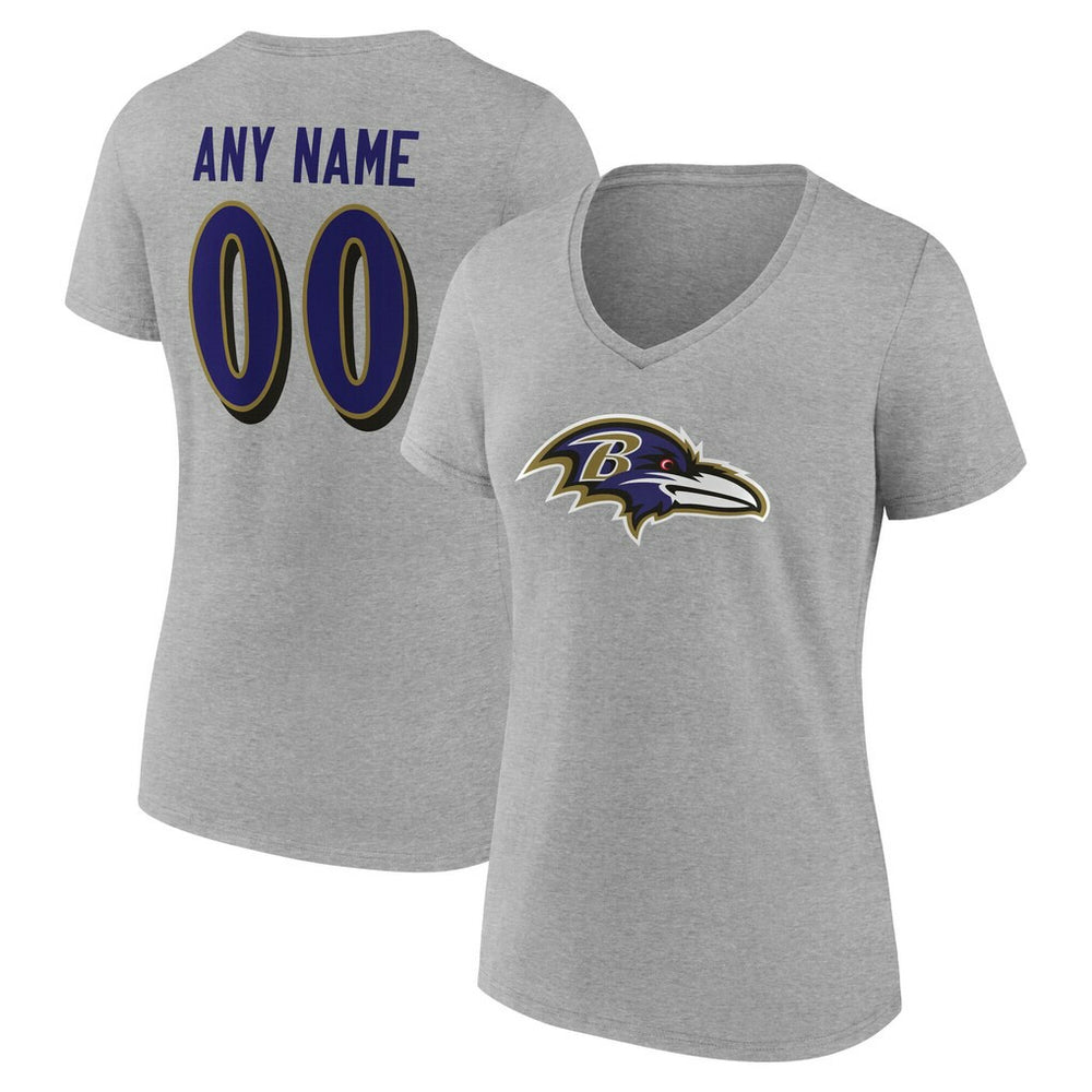 Baltimore Ravens Women's Team Authentic Personalized Name & Number V-Neck T-Shirt Gray