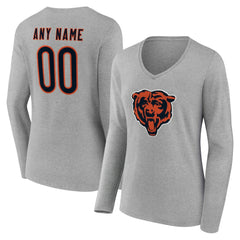 Chicago Bears Women's Team Authentic Personalized Name & Number Long Sleeve V-Neck T-Shirt Gray