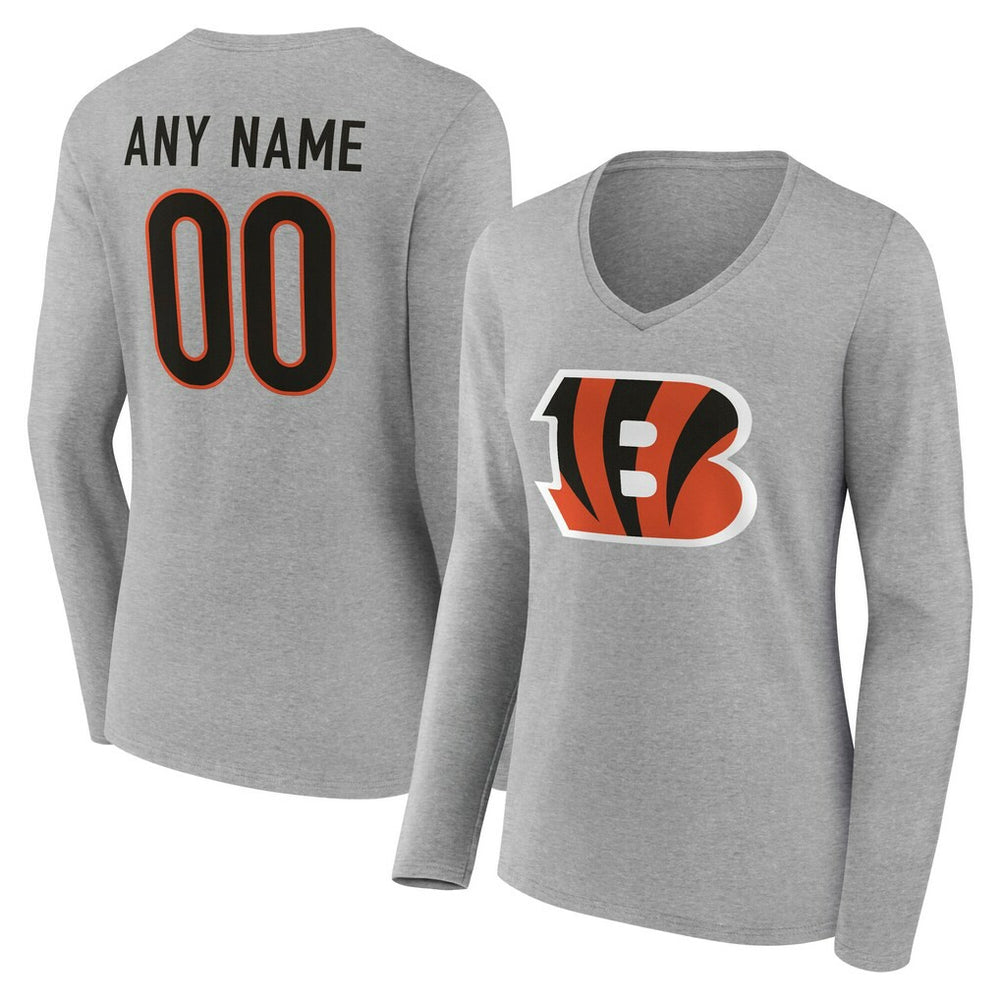 Cincinnati Bengals Women's Team Authentic Personalized Name & Number Long Sleeve V-Neck T-Shirt Gray