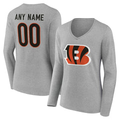Cincinnati Bengals Women's Team Authentic Personalized Name & Number Long Sleeve V-Neck T-Shirt Gray