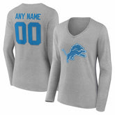 Detroit Lions Women's Team Authentic Personalized Name & Number Long Sleeve V-Neck T-Shirt Gray