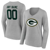 Green Bay Packers Women's Team Authentic Personalized Name & Number Long Sleeve V-Neck T-Shirt Gray