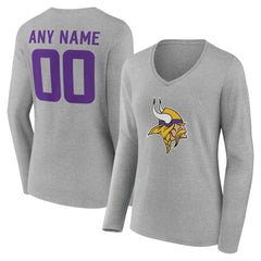 Minnesota Vikings Women's Team Authentic Personalized Name & Number Long Sleeve V-Neck T-Shirt Gray