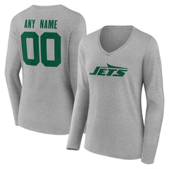 New York Jets Women's Team Authentic Personalized Name & Number Long Sleeve V-Neck T-Shirt Gray