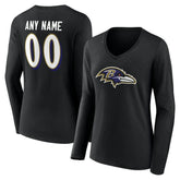 Baltimore Ravens Women's Team Authentic Personalized Name & Number Long Sleeve V-Neck T-Shirt Black
